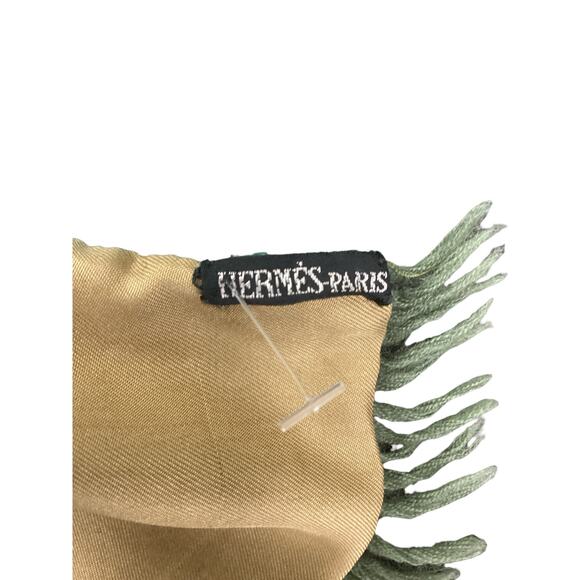 VTG Hermes Scarf Unisex 1Size Rectangle 100%Silk & Cashmere Fringes Green &Brown - Picture 7 of 9